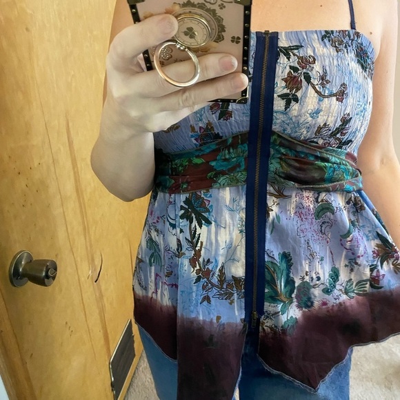 Free People Y2K Silk Smocked Butterfly Handkerchief Hem Tropical Top - Picture 3 of 9